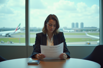 Femme en blazer dans un lounge aéroport avec document santé
