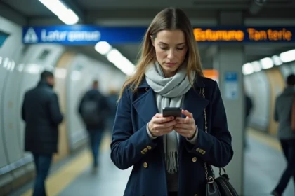 Femme consultant Mappy sur smartphone à l'entrée d'une station de métro pour planifier son itinéraire en transports en commun