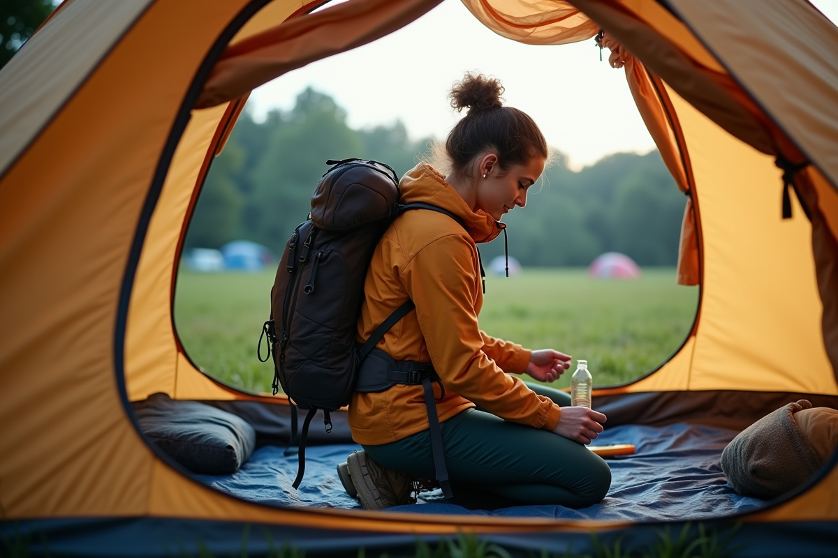 Femme organisant son sac dans une tente de camping
