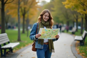 Jeune femme souriante dans un parc avec carte