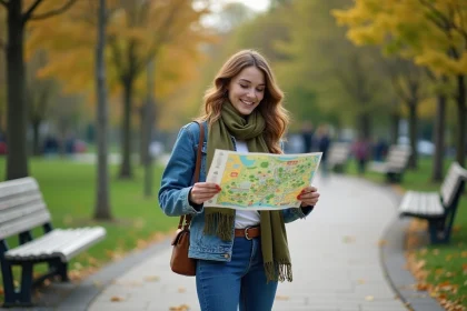 Jeune femme souriante dans un parc avec carte