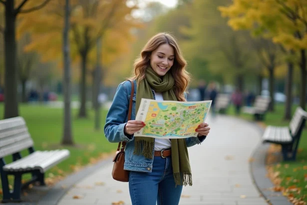 Jeune femme souriante dans un parc avec carte