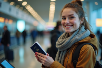 Jeune femme souriante présentant son passeport à l'aéroport