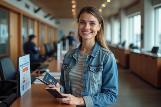 Femme souriante avec passeport et permis international