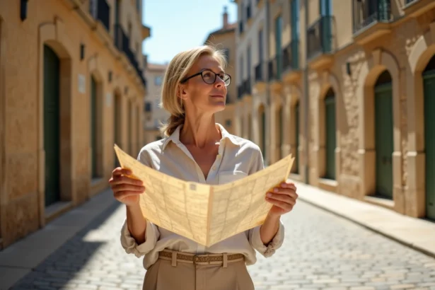 Femme tenant un plan papier d'Aix-en-Provence dans une rue pavée avec des façades en pierre provençale