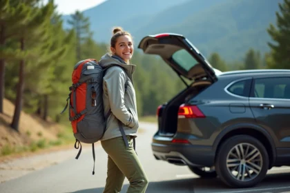 Femme souriante préparant son sac à dos en nature