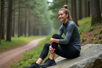 Femme en pleine nature se massant le mollet lors d'une randonnée