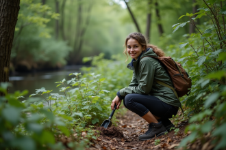 Jeune femme en pleine nature avec trowel écologique