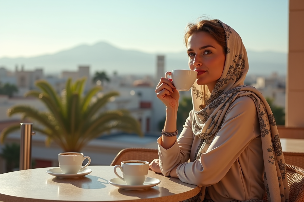 Femme élégante dégustant un thé à la menthe sur un toit à Gueliz