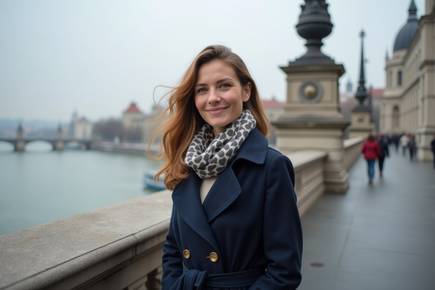 Femme souriante devant le pont Chain à Budapest