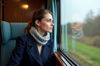 Jeune femme dans un train regardant la campagne française