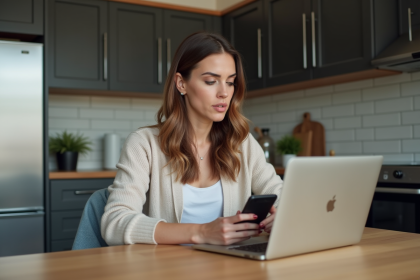 Femme en cardigan travaillant sur son ordinateur à la maison