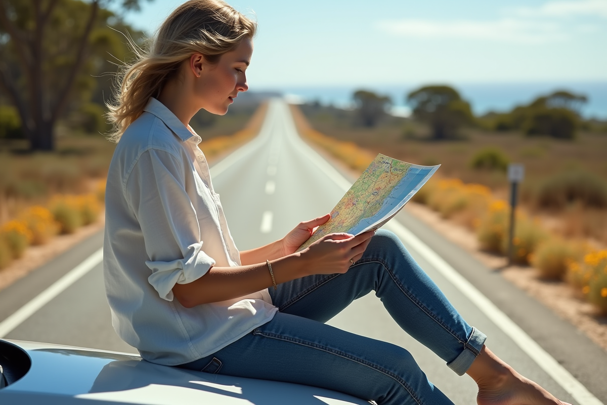 Femme voyageuse regardant une carte sur la route australienne