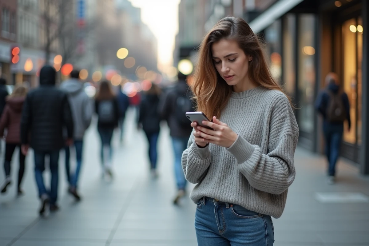 Jeune femme dans la ville regardant son téléphone