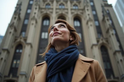Femme regardant le Woolworth Building en ville