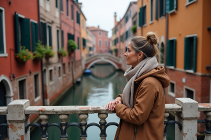 Femme curieuse sur un pont vénitien avec canal en arrière-plan