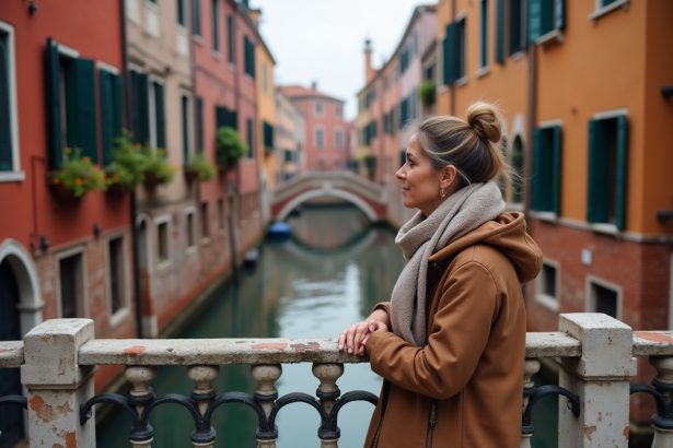 Femme curieuse sur un pont vénitien avec canal en arrière-plan