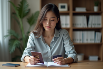 Jeune femme d affaires examine un passeport au bureau
