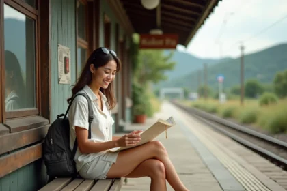 Jeune femme souriante à la station de train en nature