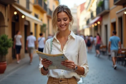 Femme en voyage à Malaga consulte une carte en ville