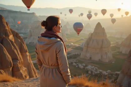 Femme contemplant les ballons dans la vallée de Cappadocia