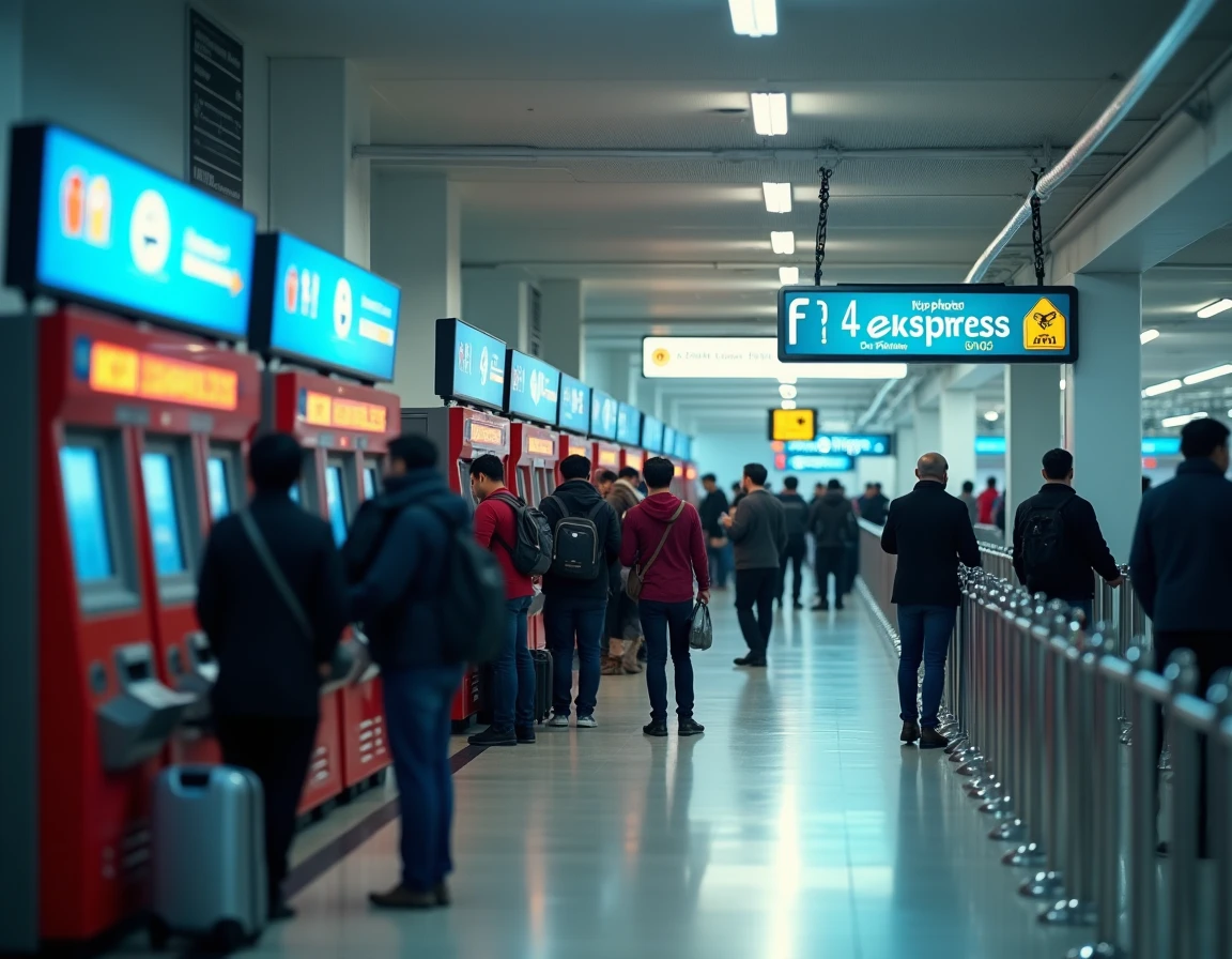 File d'attente de voyageurs au comptoir officiel du KLIA Ekspres pour rejoindre Kuala Lumpur depuis l'aéroport