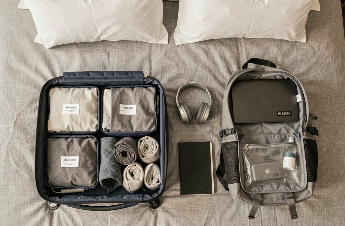 Vue à plat d'un système de voyage deux bagages pour digital nomad avec valise cabine et sac à dos ouverts contenant électronique, vêtements et accessoires de voyage organisés