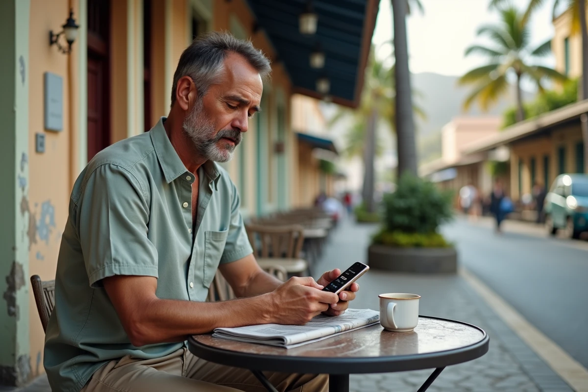 Homme consultant une application de fuseaux horaires sur son téléphone dans un café en plein air à Saint-Denis de La Réunion