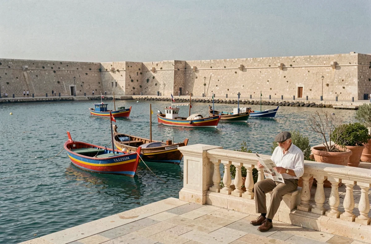 Vue panoramique du Grand Port de La Valette avec des bateaux luzzu traditionnels et un homme âgé lisant sur le parapet des remparts