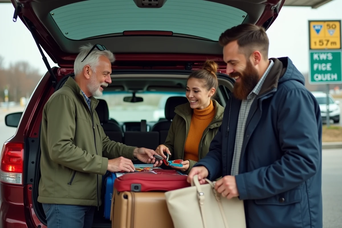 Groupe de trois covoitureurs organisant leurs bagages dans le coffre d'un SUV lors d'une pause sur la route entre Montréal et New York