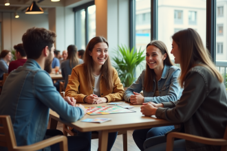 Groupe de jeunes voyageurs souriants dans une auberge moderne