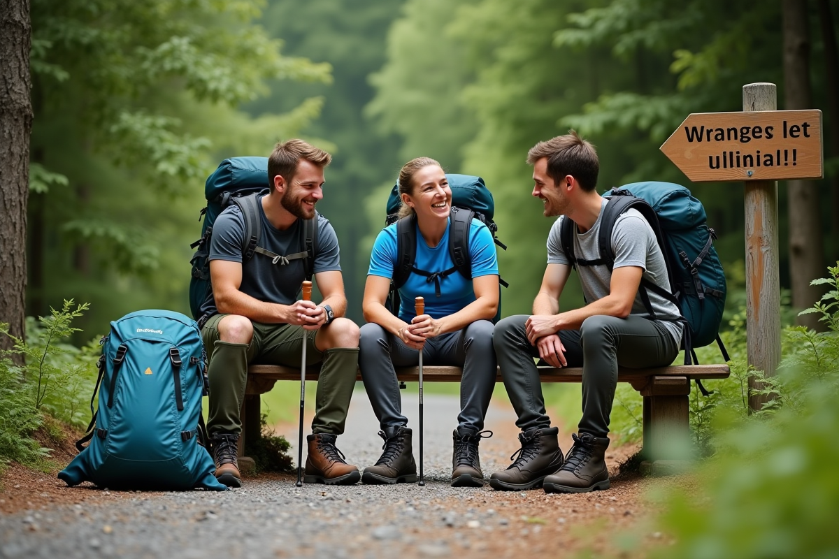 Groupe de randonneurs se reposant sur un banc en forêt