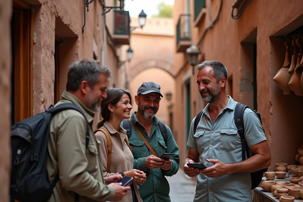 Groupe de voyageurs amateurs photographiant l'artisanat local dans une médina lors d'un circuit Aguila Voyage