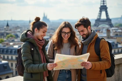 Groupe de jeunes voyageurs souriants devant Paris
