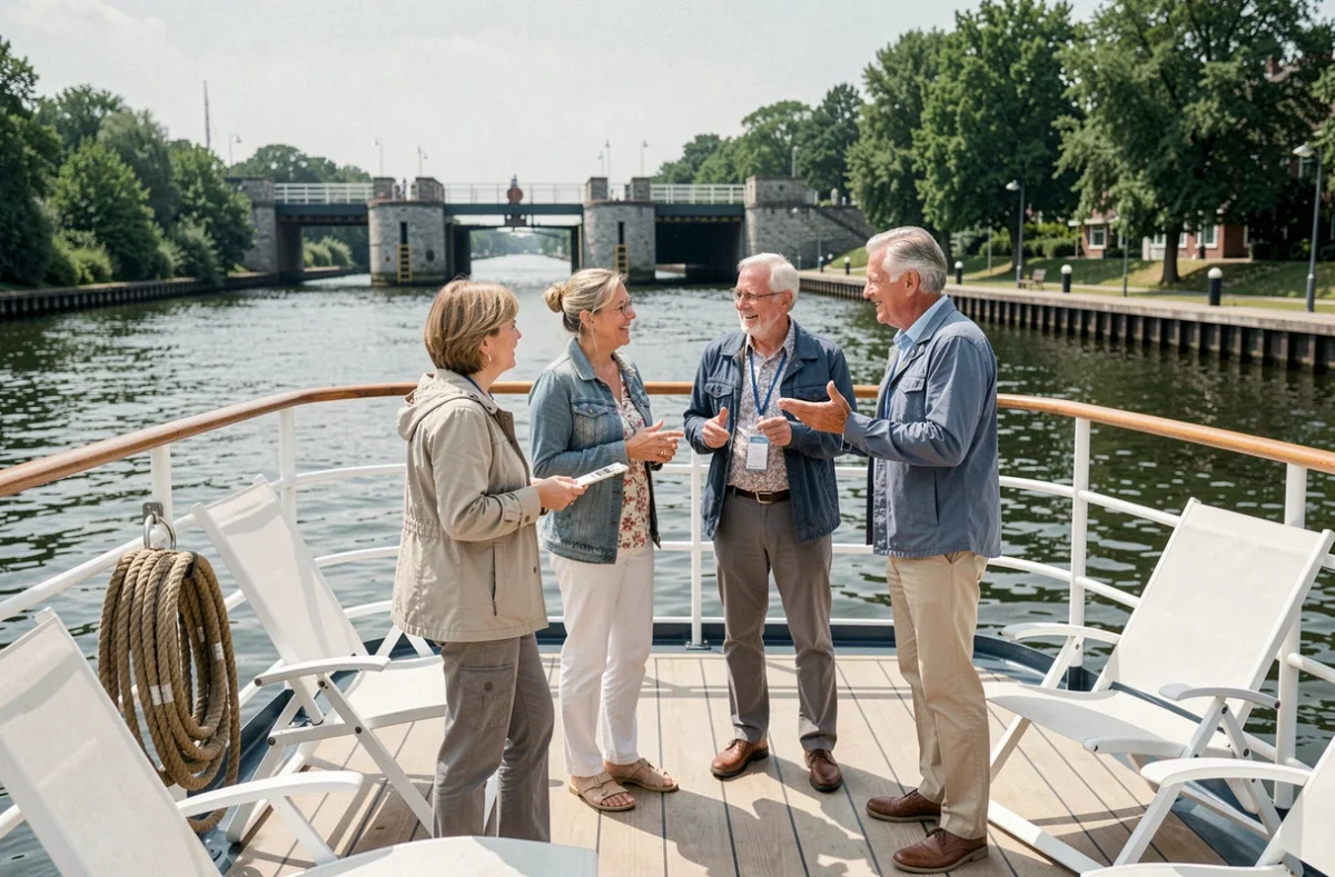 Groupe de voyageurs en discussion sur le pont supérieur d'un bateau de croisière fluviale passant une écluse