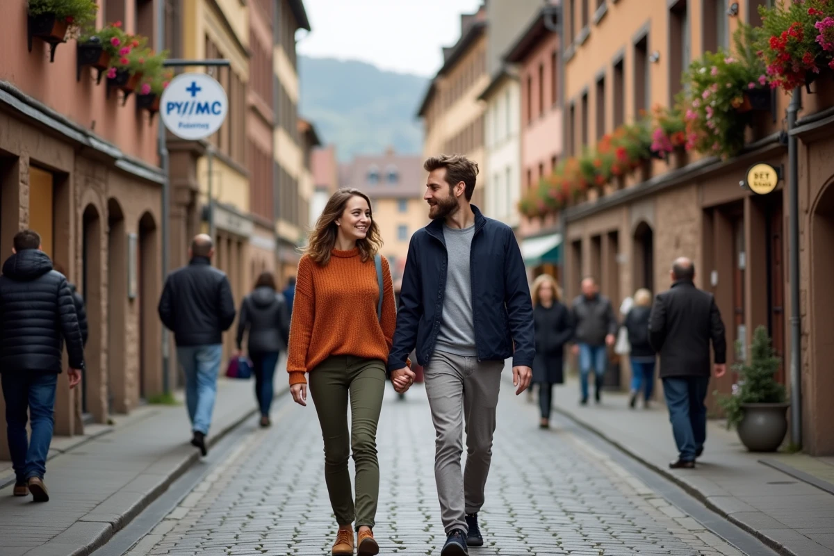 Couple se promenant sur la Hauptstrasse piétonne d'Heidelberg entourée d'architecture baroque de la vieille ville