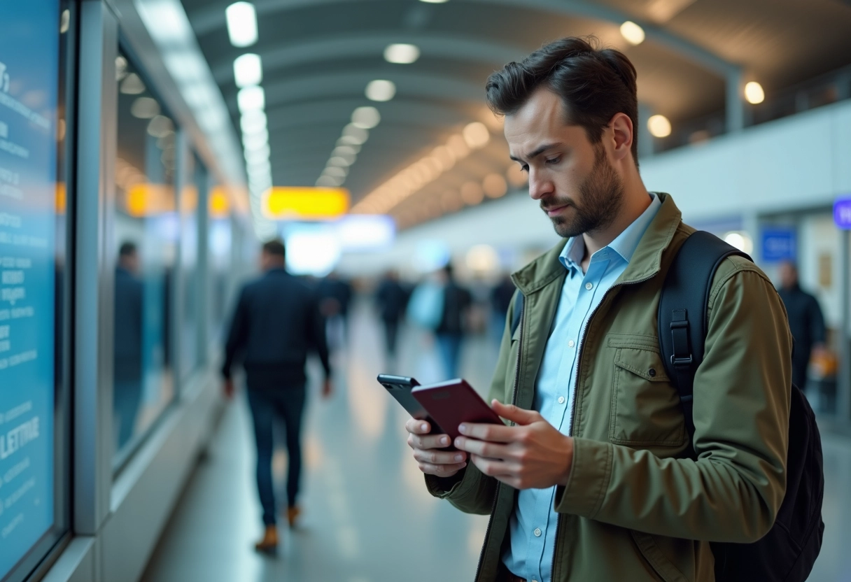 Homme vérifiant informations dans un aéroport moderne