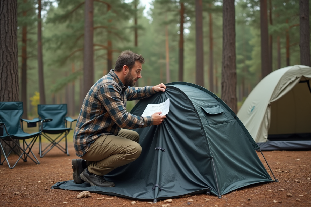 Homme en plein montage de tente dans la forêt