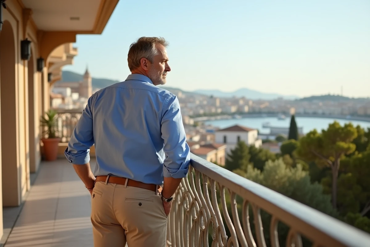 Homme regardant la ville de Malaga depuis un balcon