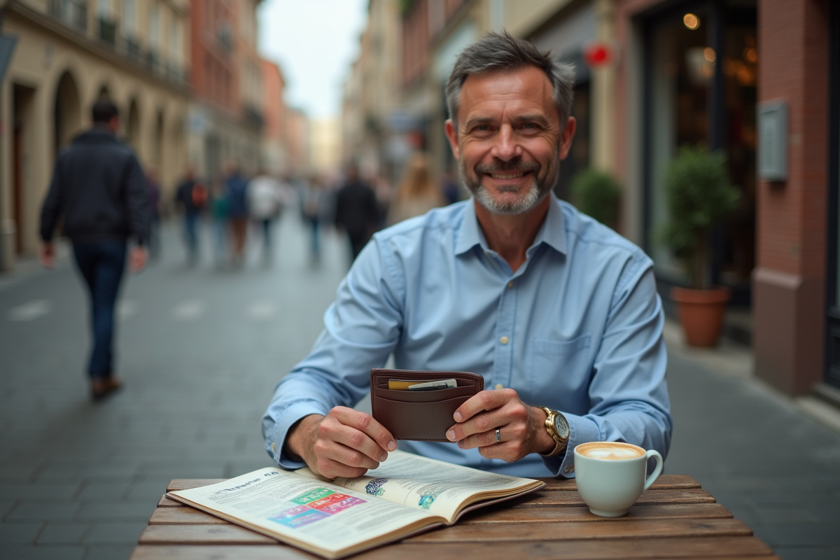 Homme au café consulte un livret de voyage avec carte bancaire