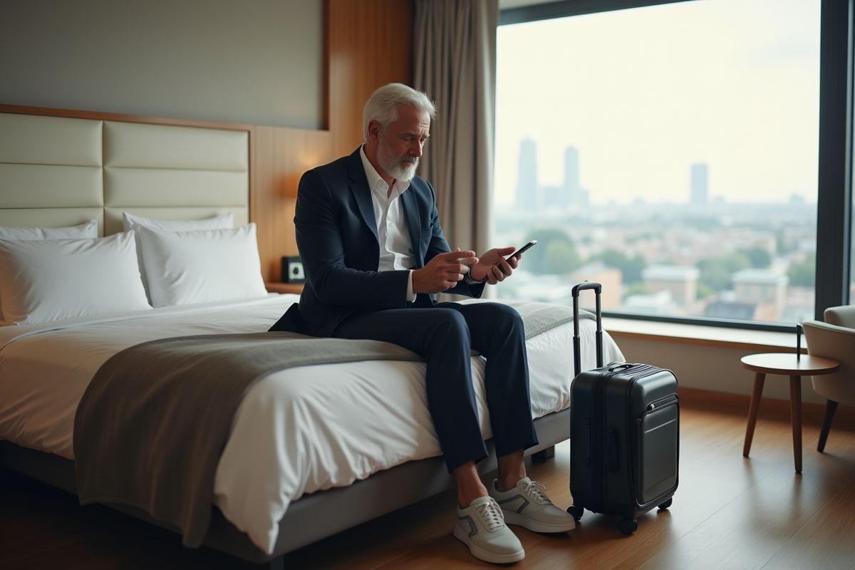 Homme vérifiant sa liste de voyage dans une chambre d