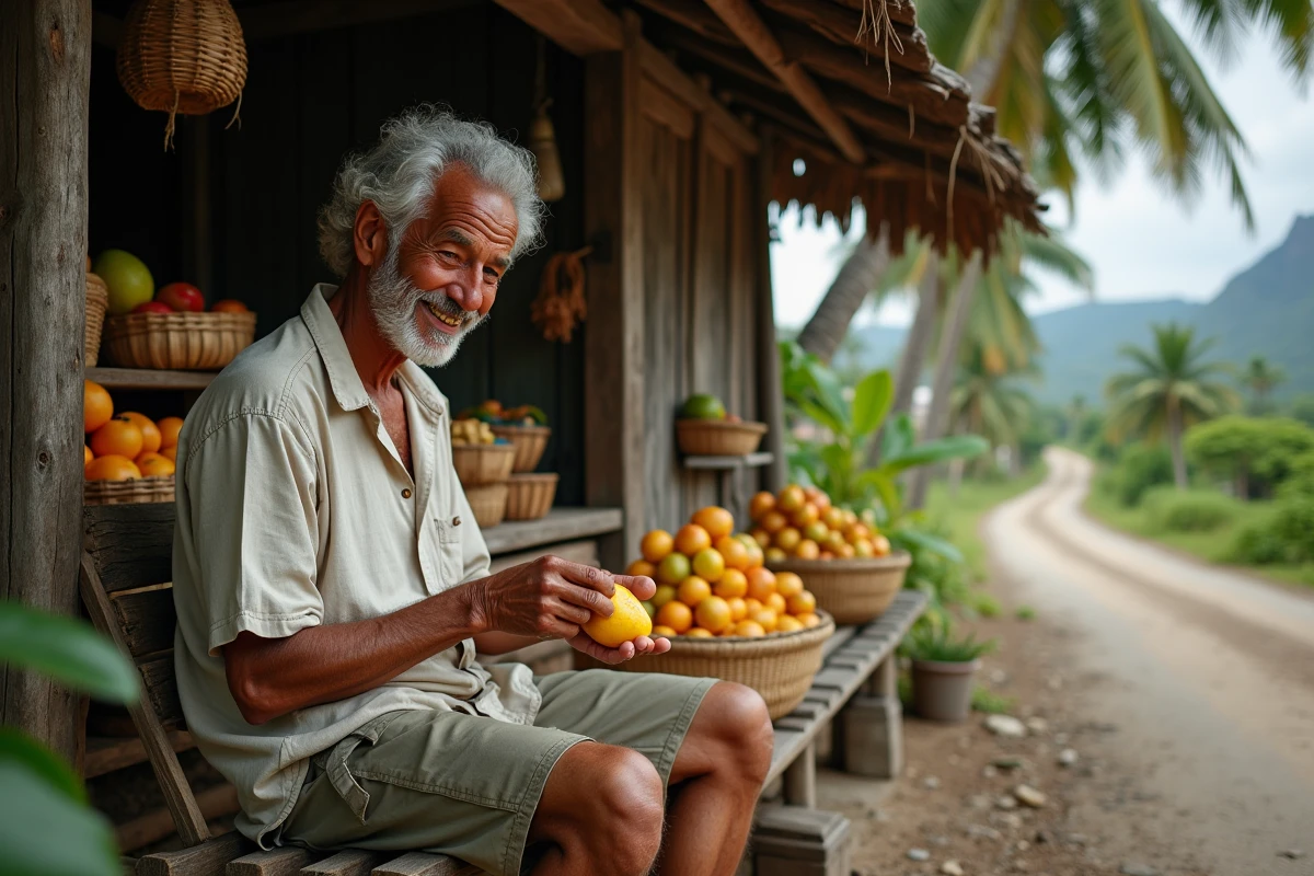 Homme creole âgé dégustant une mangue dans un village