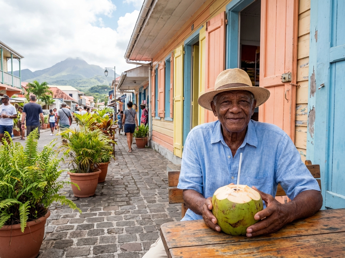 Homme âgé dégustant un coco devant une maison créole