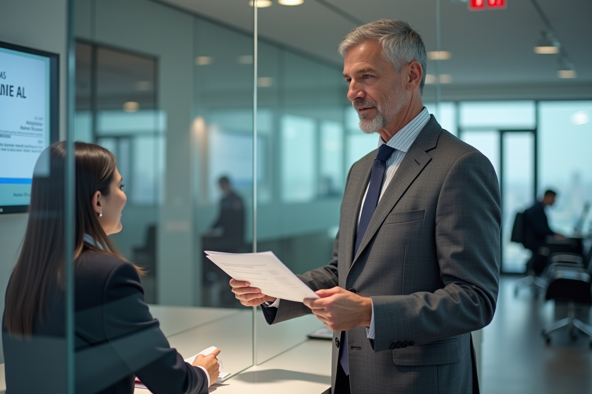Homme en costume présentant un formulaire au centre TLS
