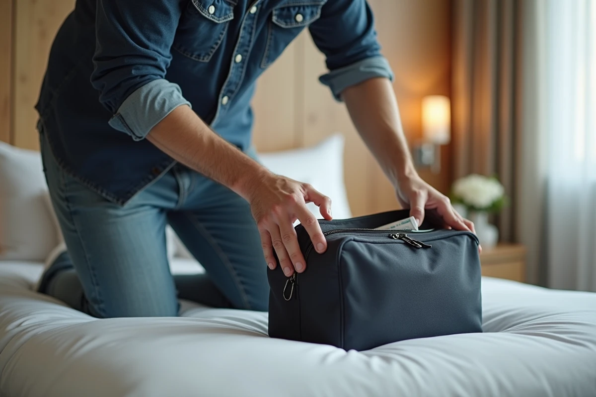 Homme en voyage range une dentifrice dans son sac à l