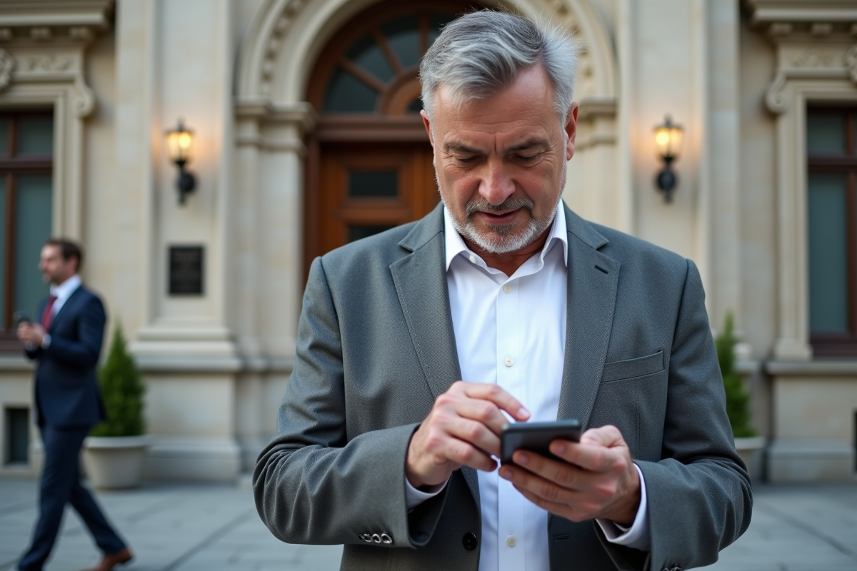 Homme en costume vérifiant son inscription devant une ambassade