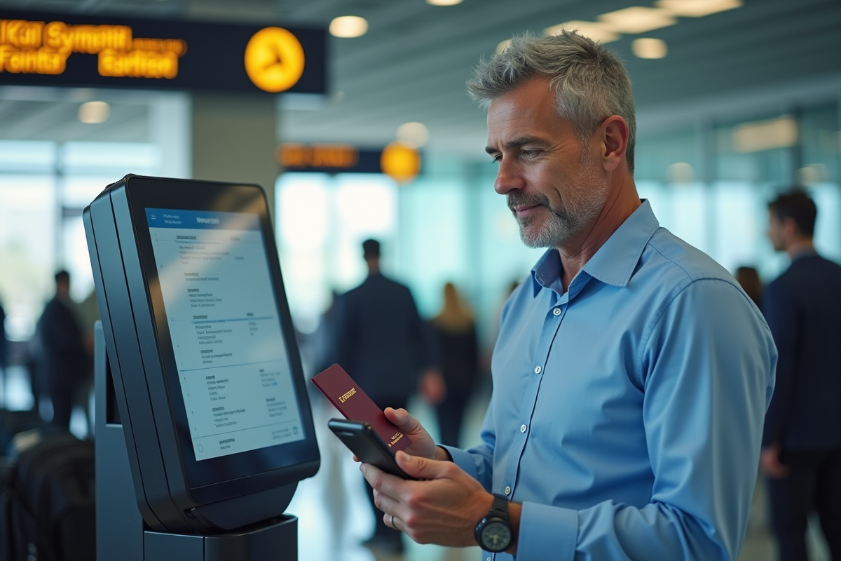 Homme utilisant une borne d