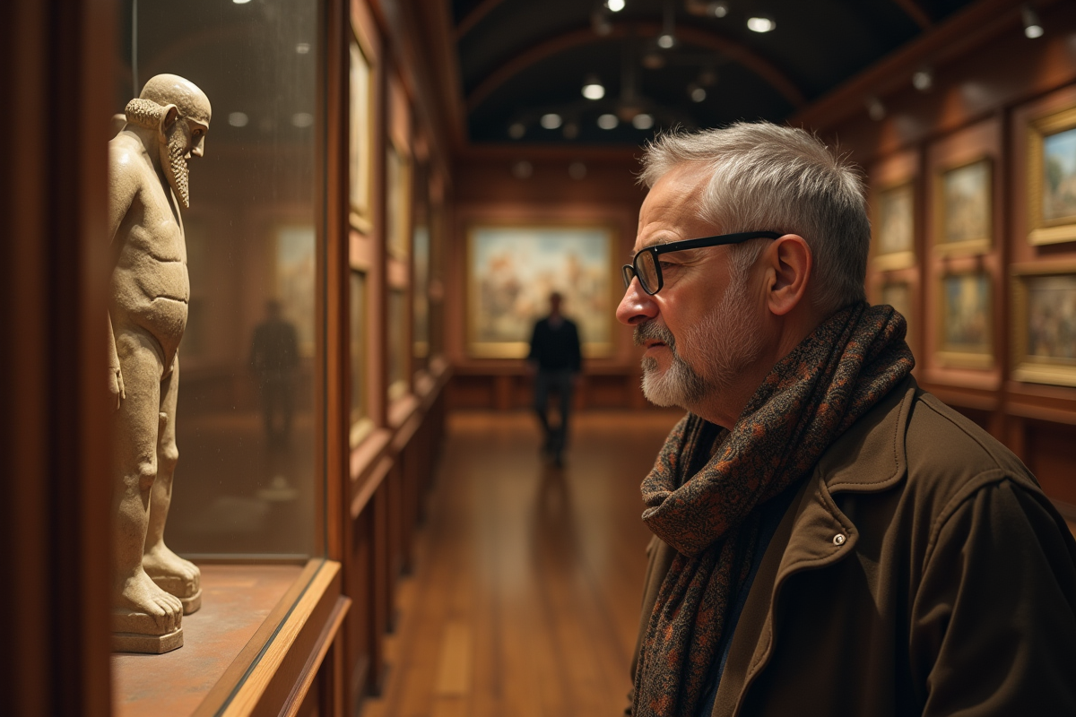 Homme regardant une artefact dans une galerie historique