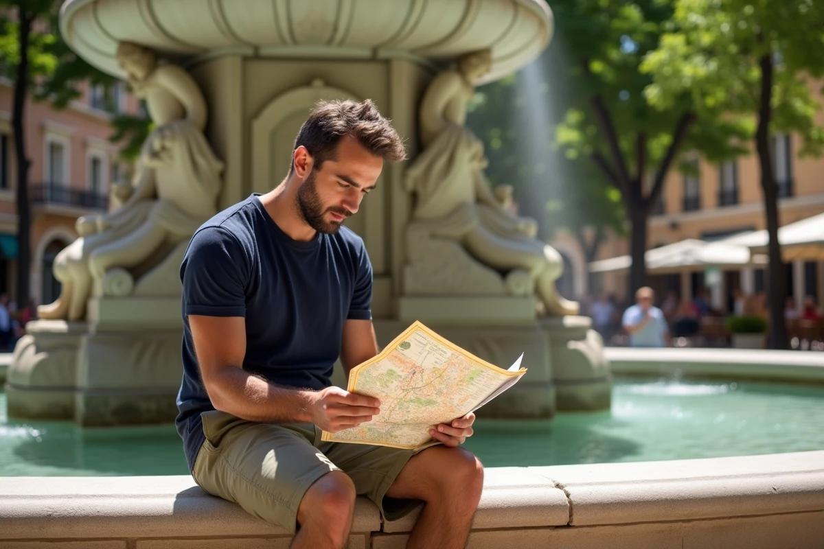 Homme assis sur la fontaine de la Rotonde à Aix-en-Provence consultant un plan touristique
