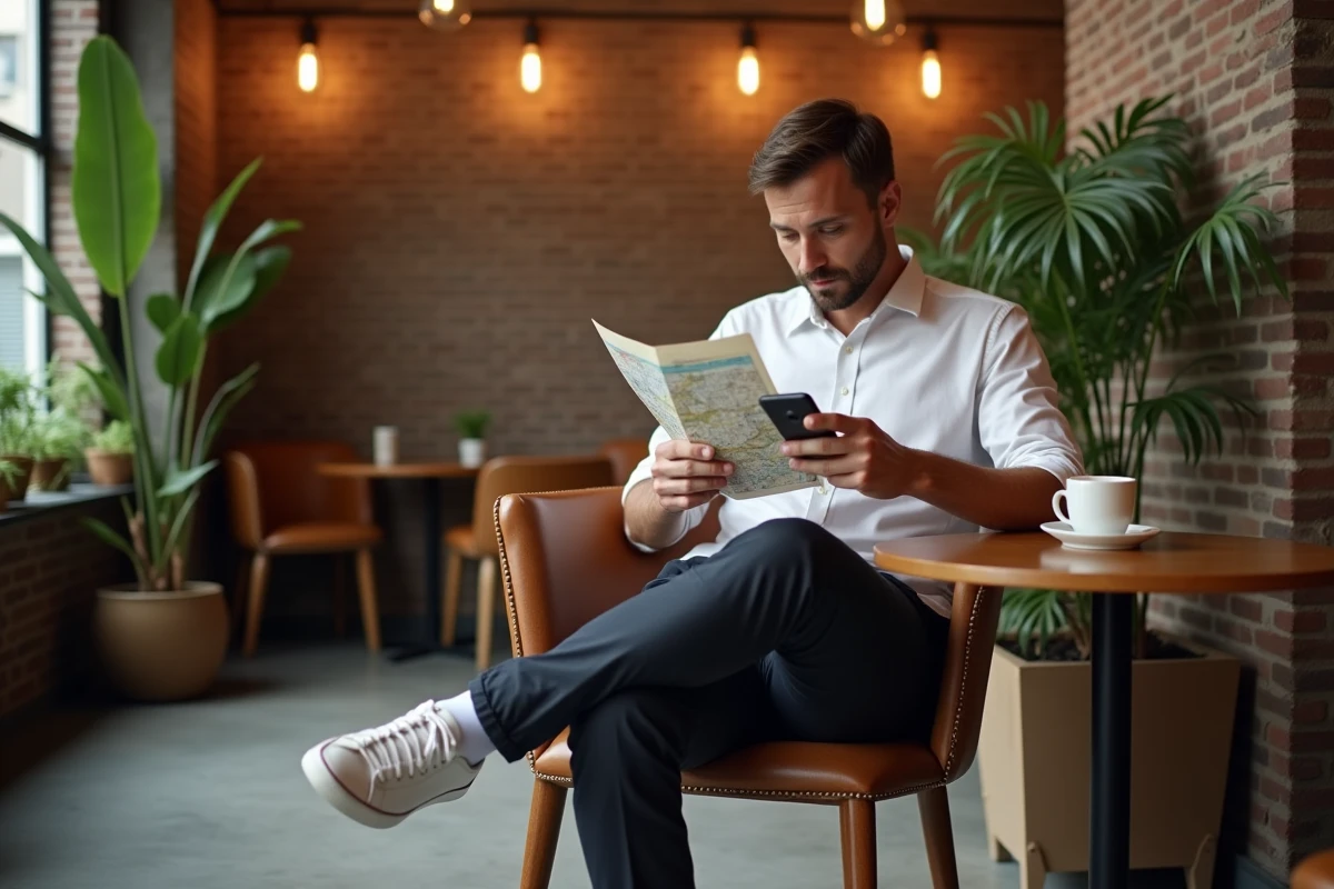 Homme consultant son téléphone dans le lobby d'un hôtel boutique lors d'un séjour en ville confortable